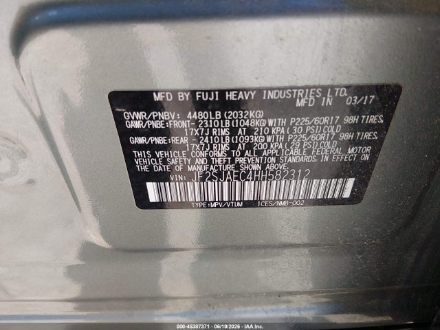 45387371 :رقم المزاد ، JF2SJAEC4HH582312 vin ، 2017 Subaru Forester 2.5i Premium مزاد بيع