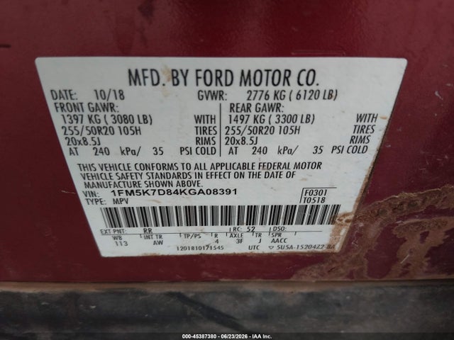 Продаж на аукціоні авто 2019 Ford Explorer Xlt, vin: 1FM5K7D84KGA08391, номер лоту: 45387380