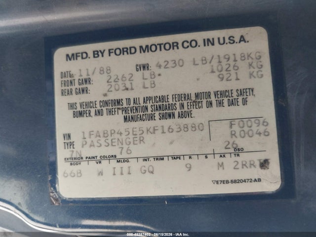 45387402 :رقم المزاد ، 1FABP45E5KF163880 vin ، 1989 Ford Mustang Gt/cobra Gt مزاد بيع
