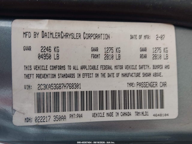 Продажа на аукционе авто 2007 Chrysler 300 Touring, vin: 2C3KA53G87H768301, номер лота: 45387404