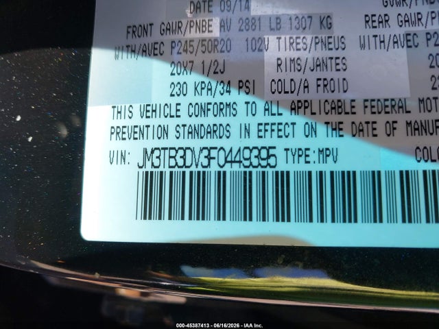 Aukcja sprzedaży 2015 Mazda Cx-9 Grand Touring, vin: JM3TB3DV3F0449395, numer aukcji: 45387413