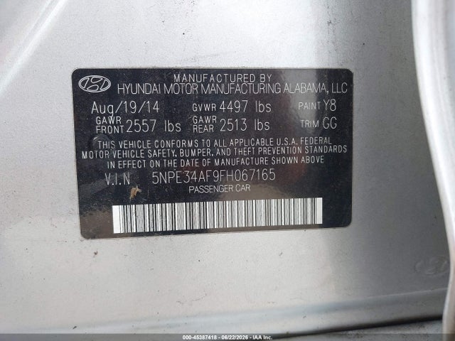Auction sale of the 2015 Hyundai Sonata Sport, vin: 5NPE34AF9FH067165, lot number: 45387418