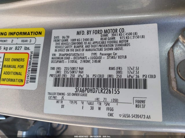Aukcja sprzedaży 2020 Ford Fusion Se, vin: 3FA6P0HD7LR226155, numer aukcji: 45387432