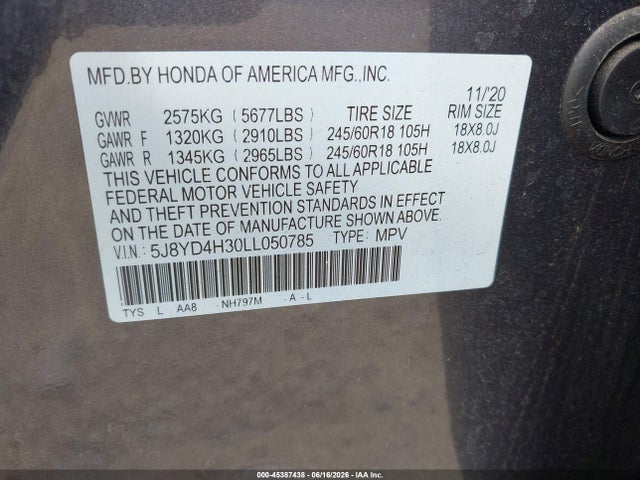 Aukcja sprzedaży 2020 Acura Mdx Standard, vin: 5J8YD4H30LL050785, numer aukcji: 45387438
