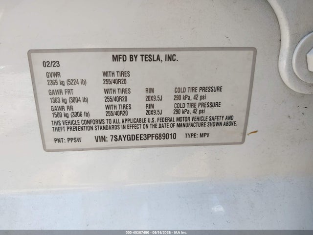 Продаж на аукціоні авто 2023 Tesla Model Y Awd/long Range Dual Motor All-wheel Drive, vin: 7SAYGDEE3PF689010, номер лоту: 45387450
