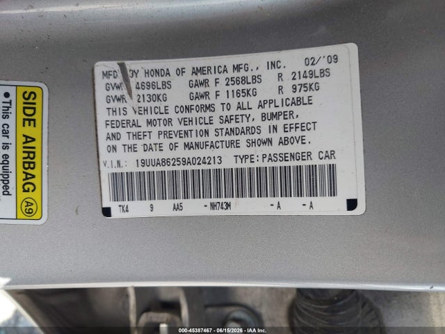 45387467 :رقم المزاد ، 19UUA86259A024213 vin ، 2009 Acura Tl 3.5 مزاد بيع