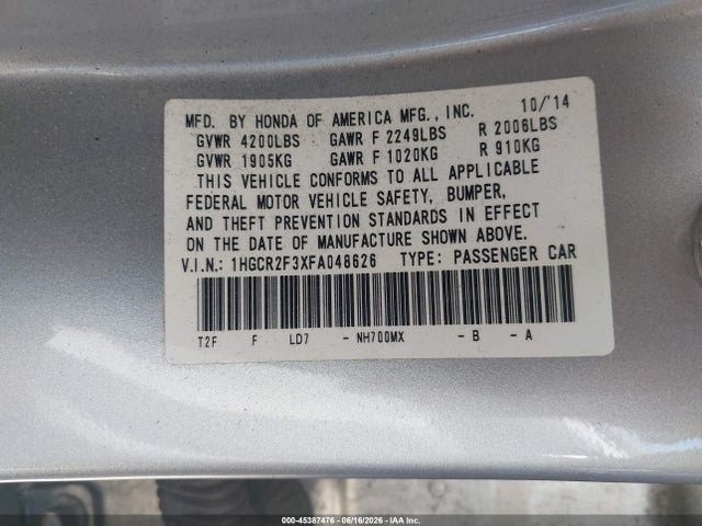 2015 Honda Accord Lx მანქანა იყიდება აუქციონზე, vin: 1HGCR2F3XFA048626, აუქციონის ნომერი: 45387476