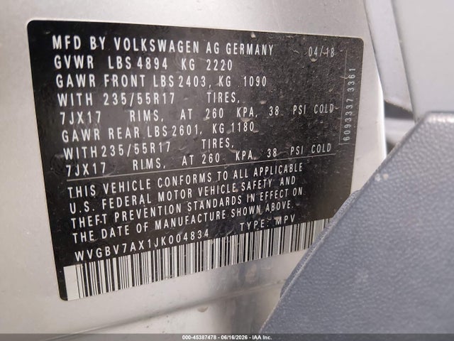 WVGBV7AX1JK004834 Volkswagen Tiguan Limited 2.0t