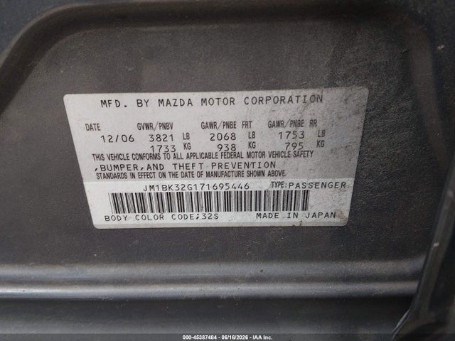 Aukcja sprzedaży 2007 Mazda Mazda3 I, vin: JM1BK32G171695446, numer aukcji: 45387484