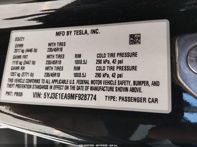 Продаж на аукціоні авто 2021 Tesla Model 3 Standard Range Plus Rear-wheel Drive, vin: 5YJ3E1EA9MF928774, номер лоту: 45387508