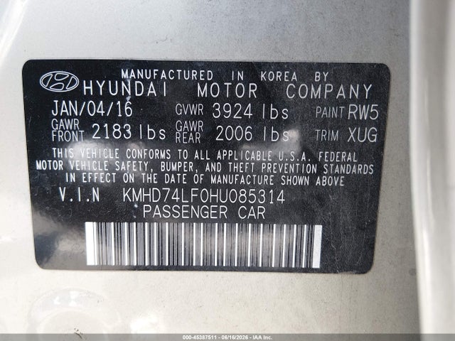 2017 Hyundai Elantra Se მანქანა იყიდება აუქციონზე, vin: KMHD74LF0HU085314, აუქციონის ნომერი: 45387511