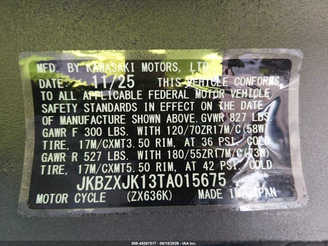 45387517 :رقم المزاد ، JKBZXJK13TA015675 vin ، 2026 Kawasaki Zx636 K مزاد بيع