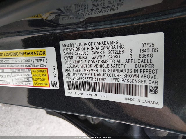 2026 Honda Civic Sport მანქანა იყიდება აუქციონზე, vin: 2HGFE2F57TH514262, აუქციონის ნომერი: 45387519