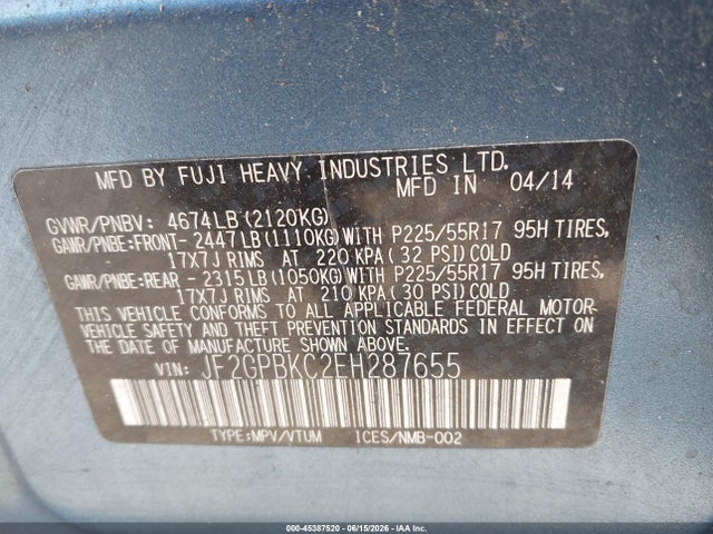Aukcja sprzedaży 2014 Subaru Xv Crosstrek Hybrid 2.0i Touring, vin: JF2GPBKC2EH287655, numer aukcji: 45387520