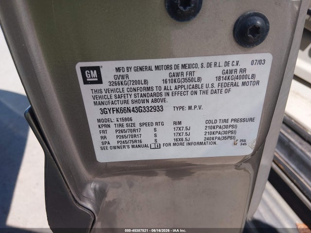 Продаж на аукціоні авто 2003 Cadillac Escalade Esv Standard, vin: 3GYFK66N43G332933, номер лоту: 45387521