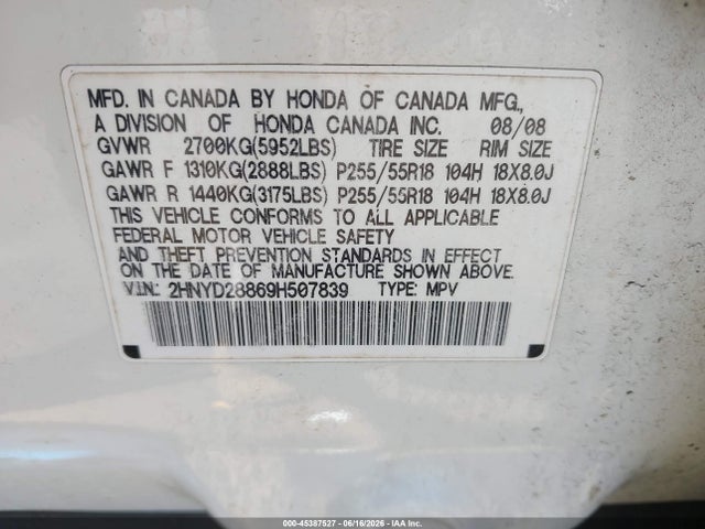 45387527 :رقم المزاد ، 2HNYD28869H507839 vin ، 2009 Acura Mdx Sport Package مزاد بيع