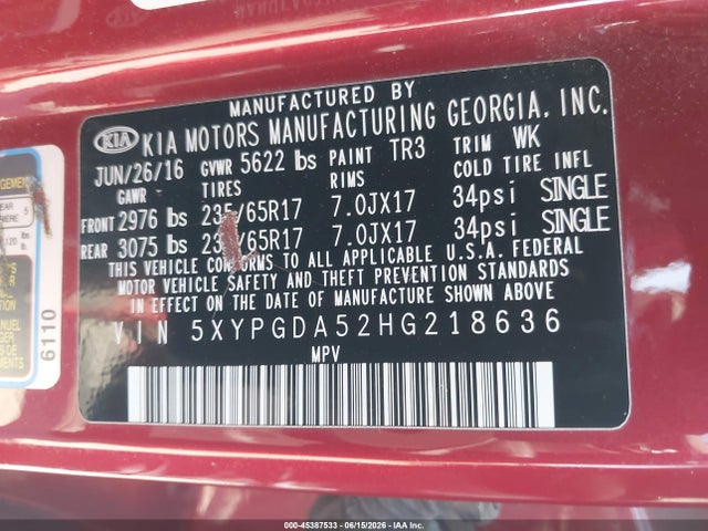 KIA Sorento 3.3l Lx 2017 5XYPGDA52HG218636 Image 9