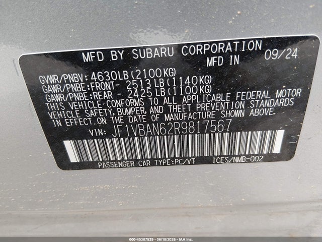 Продаж на аукціоні авто 2024 Subaru Wrx Limited, vin: JF1VBAN62R9817567, номер лоту: 45387539