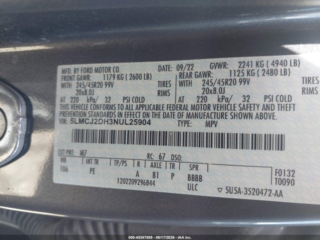 Продажа на аукционе авто 2022 Lincoln Corsair Reserve, vin: 5LMCJ2DH3NUL25904, номер лота: 45387569