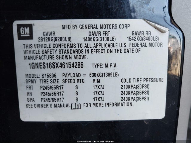 45387593 :رقم المزاد ، 1GNES16SX46154286 vin ، 2004 Chevrolet Trailblazer Ext Ls مزاد بيع