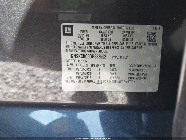 Aukcja sprzedaży 2016 Chevrolet Tahoe Ltz, vin: 1GNSKCKC9GR333502, numer aukcji: 45387594