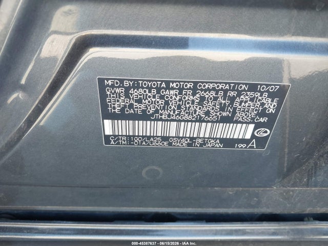 2008 Lexus Es 350 მანქანა იყიდება აუქციონზე, vin: JTHBJ46G882176651, აუქციონის ნომერი: 45387637