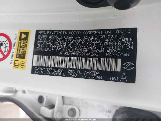 45387645 :رقم المزاد ، JTHKD5BH4D2144365 vin ، 2013 Lexus Ct 200h مزاد بيع