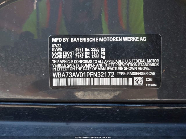 Aukcja sprzedaży 2023 Bmw 430i Gran Coupe Xdrive, vin: WBA73AV01PFN32172, numer aukcji: 45387646