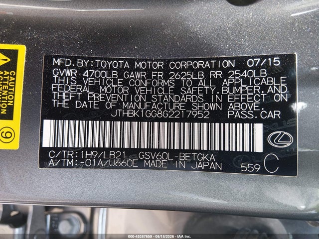 Aukcja sprzedaży 2016 Lexus Es 350, vin: JTHBK1GG8G2217952, numer aukcji: 45387659