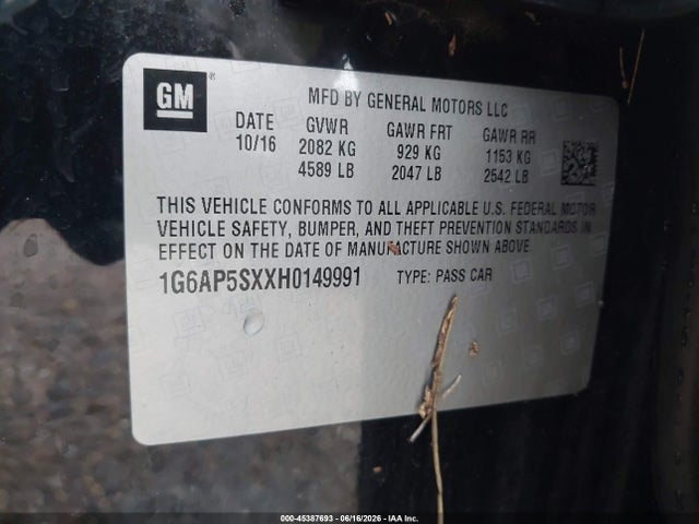Продажа на аукционе авто 2017 Cadillac Cts Standard, vin: 1G6AP5SXXH0149991, номер лота: 45387693