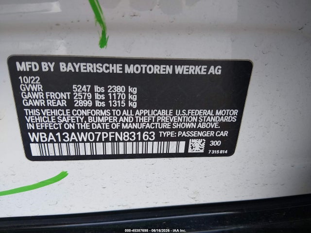 Aukcja sprzedaży 2023 Bmw M440i Gran Coupe Xdrive, vin: WBA13AW07PFN83163, numer aukcji: 45387698