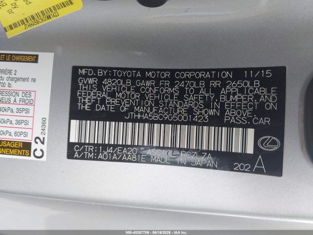 45387706 :رقم المزاد ، JTHHA5BC9G5001423 vin ، 2016 Lexus Rc 200t مزاد بيع