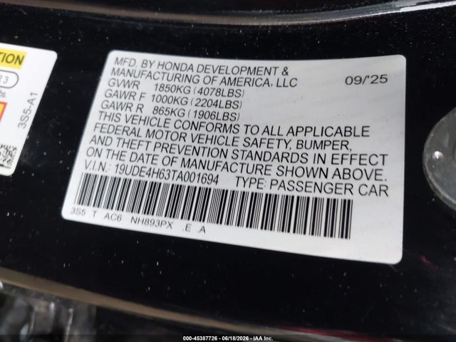 45387726 :رقم المزاد ، 19UDE4H63TA001694 vin ، 2026 Acura Integra Fwd A-spec With Technology مزاد بيع