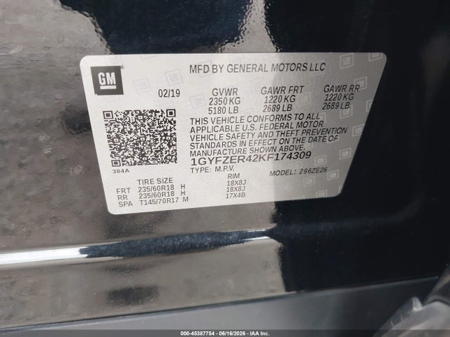 2019 Cadillac Xt4 Sport მანქანა იყიდება აუქციონზე, vin: 1GYFZER42KF174309, აუქციონის ნომერი: 45387754