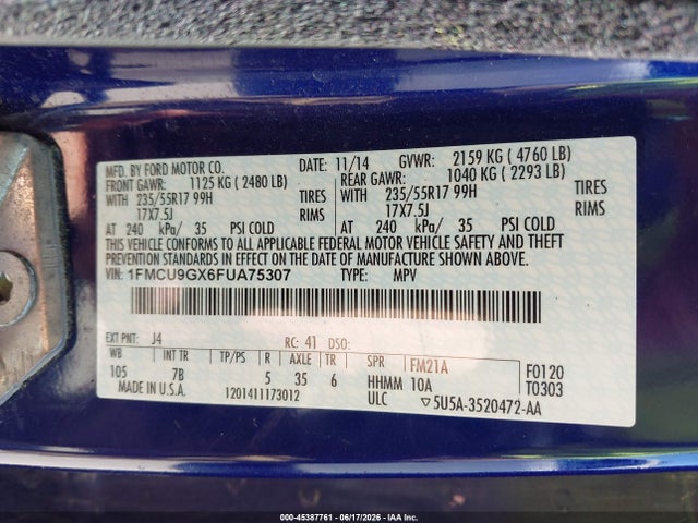 Ford ESCAPE SE 2015 1FMCU9GX6FUA75307 Image 9