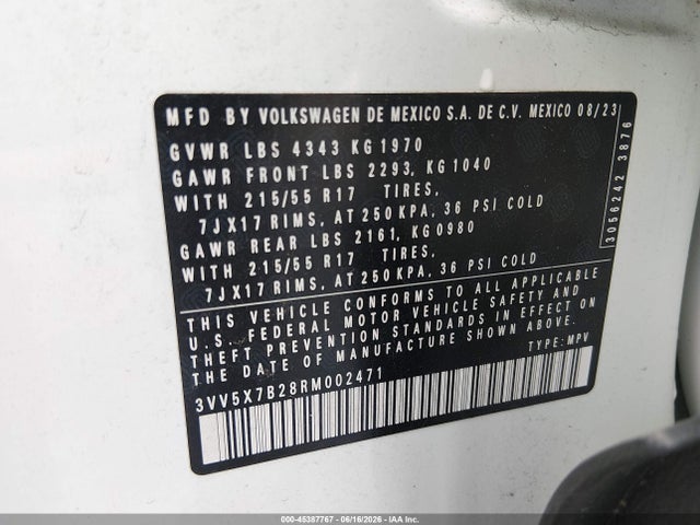 Продажа на аукционе авто 2024 Volkswagen Taos 1.5t S, vin: 3VV5X7B28RM002471, номер лота: 45387767