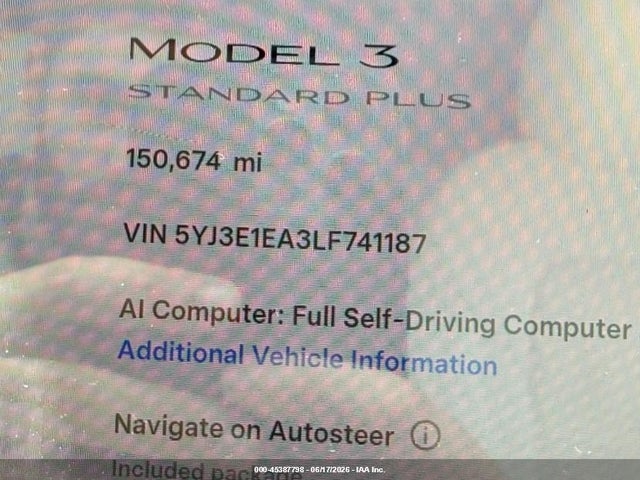 Aukcja sprzedaży 2020 Tesla Model 3 Standard Range Plus Rear-wheel Drive/standard Range Rear-wheel Drive, vin: 5YJ3E1EA3LF741187, numer aukcji: 45387798