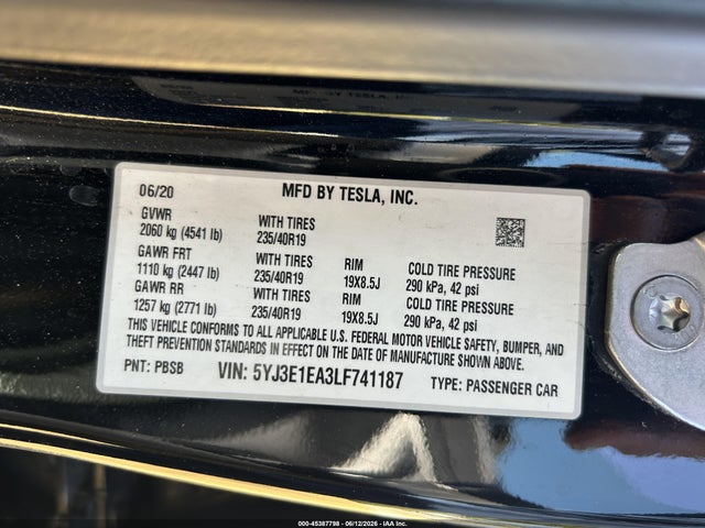 Aukcja sprzedaży 2020 Tesla Model 3 Standard Range Plus Rear-wheel Drive/standard Range Rear-wheel Drive, vin: 5YJ3E1EA3LF741187, numer aukcji: 45387798