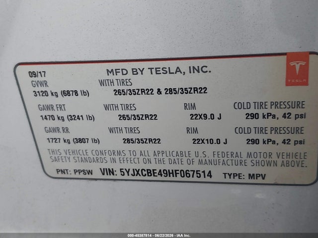 Продажа на аукционе авто 2017 Tesla Model X P100d, vin: 5YJXCBE49HF067514, номер лота: 45387814