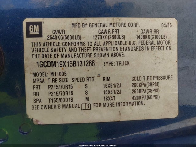 45387819 :رقم المزاد ، 1GCDM19X15B131266 vin ، 2005 Chevrolet Astro مزاد بيع