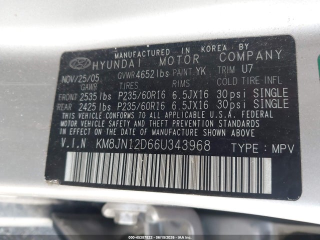 Aukcja sprzedaży 2006 Hyundai Tucson Gls/limited, vin: KM8JN12D66U343968, numer aukcji: 45387822