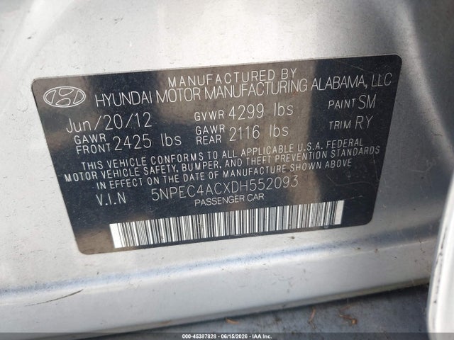 Aukcja sprzedaży 2013 Hyundai Sonata Limited, vin: 5NPEC4ACXDH552093, numer aukcji: 45387828