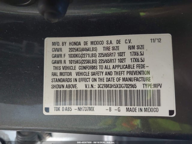 Продаж на аукціоні авто 2013 Honda Cr-v Ex, vin: 3CZRM3H5XDG702965, номер лоту: 45387859
