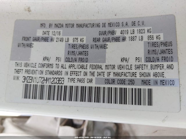 Продажа на аукционе авто 2017 Mazda Mazda3 Sport, vin: 3MZBN1U72HM120363, номер лота: 45387889