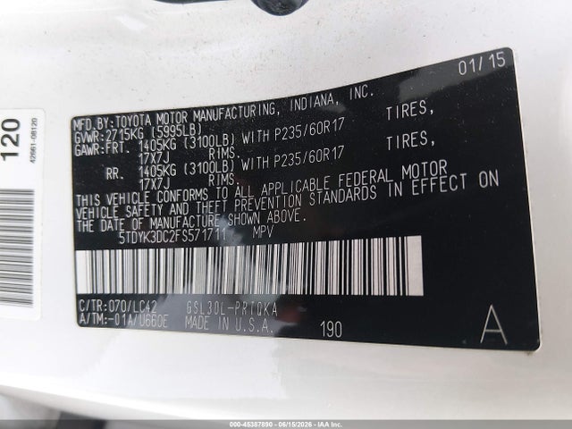 5TDYK3DC2FS571711 Toyota Sienna Xle 8 Passenger