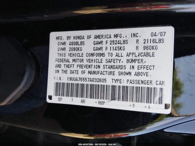 Продаж на аукціоні авто 2007 Acura Tl Type S, vin: 19UUA76557A032605, номер лоту: 45387896