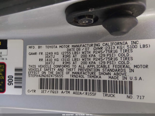 Aukcja sprzedaży 2008 Toyota Tacoma, vin: 5TEPX42N28Z475655, numer aukcji: 45387897