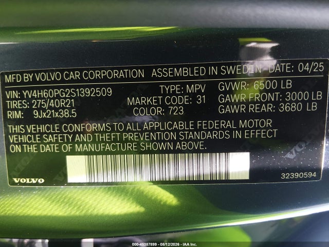 Aukcja sprzedaży 2025 Volvo Xc90 Plug-in Hybrid T8 Ultra 7-seater, vin: YV4H60PG2S1392509, numer aukcji: 45387899