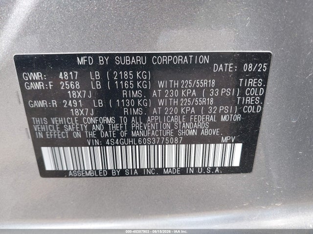 Aukcja sprzedaży 2025 Subaru Crosstrek Limited, vin: 4S4GUHL60S3775087, numer aukcji: 45387903