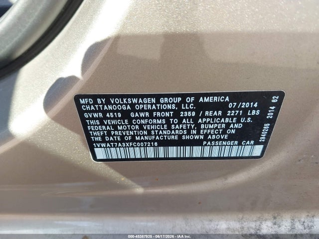2015 Volkswagen Passat 1.8t S მანქანა იყიდება აუქციონზე, vin: 1VWAT7A3XFC007216, აუქციონის ნომერი: 45387925